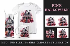 Watercolor Pink Halloween spooky castle haunted house autumn leaves pumpkins 20oz tumbler skinny mug wrap clipart t-shirt sublimation printable design