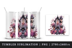 Watercolor Pink Halloween spooky castle haunted house flowers roses 20 oz tumbler skinny mug wrap clipart t-shirt sublimation printable design