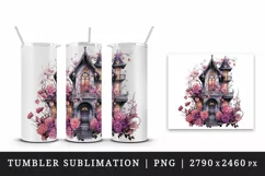 Watercolor Pink Halloween spooky castle haunted house flowers roses 20 oz tumbler skinny mug wrap clipart t-shirt sublimation printable design