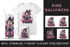 Watercolor Pink Halloween spooky castle haunted house flowers roses 20 oz tumbler skinny mug wrap clipart t-shirt sublimation printable design