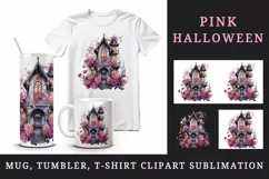 Watercolor Pink Halloween spooky castle haunted house flowers roses 20 oz tumbler skinny mug wrap clipart t-shirt sublimation printable design