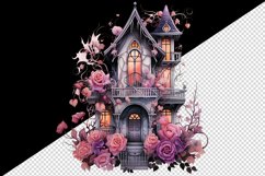 Watercolor Pink Halloween spooky castle haunted house flowers roses 20 oz tumbler skinny mug wrap clipart t-shirt sublimation printable design