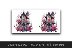 Watercolor Pink Halloween spooky castle haunted house flowers roses 20 oz tumbler skinny mug wrap clipart t-shirt sublimation printable design