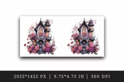 Watercolor Pink Halloween spooky castle haunted house flowers roses 20 oz tumbler skinny mug wrap clipart t-shirt sublimation printable design