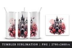 Watercolor Pink Halloween spooky castle haunted house flowers roses 20 oz tumbler skinny mug wrap clipart t-shirt sublimation printable design