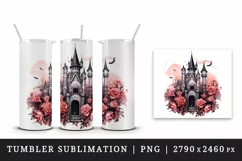 Watercolor Pink Halloween spooky castle haunted house flowers roses 20 oz tumbler skinny mug wrap clipart t-shirt sublimation printable design