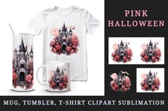 Watercolor Pink Halloween spooky castle haunted house flowers roses 20 oz tumbler skinny mug wrap clipart t-shirt sublimation printable design