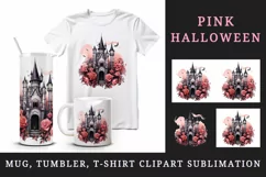 Watercolor Pink Halloween spooky castle haunted house flowers roses 20 oz tumbler skinny mug wrap clipart t-shirt sublimation printable design