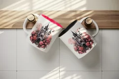 Watercolor Pink Halloween spooky castle haunted house flowers roses 20 oz tumbler skinny mug wrap clipart t-shirt sublimation printable design