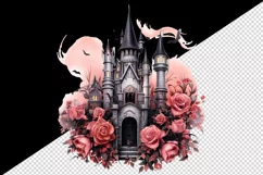 Watercolor Pink Halloween spooky castle haunted house flowers roses 20 oz tumbler skinny mug wrap clipart t-shirt sublimation printable design