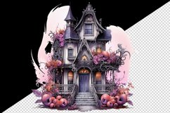 Watercolor Pink Halloween spooky castle haunted house leaves 20 oz tumbler skinny mug wrap clipart t-shirt sublimation printable design