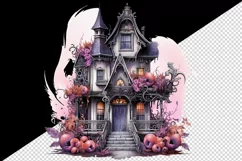 Watercolor Pink Halloween spooky castle haunted house leaves 20 oz tumbler skinny mug wrap clipart t-shirt sublimation printable design