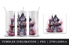 Watercolor Pink Halloween spooky castle haunted house leaves 20 oz tumbler skinny mug wrap clipart t-shirt sublimation printable design