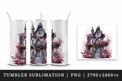Watercolor Pink Halloween spooky castle haunted house leaves 20 oz tumbler skinny mug wrap clipart t-shirt sublimation printable design