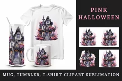 Watercolor Pink Halloween spooky castle haunted house leaves 20 oz tumbler skinny mug wrap clipart t-shirt sublimation printable design