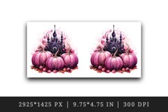 Watercolor Pink Halloween spooky castle haunted house leaves pumpkins 20 oz tumbler skinny mug wrap clipart t-shirt sublimation printable design