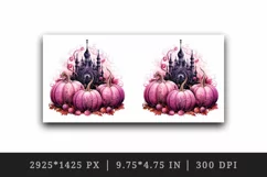 Watercolor Pink Halloween spooky castle haunted house leaves pumpkins 20 oz tumbler skinny mug wrap clipart t-shirt sublimation printable design