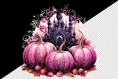 Watercolor Pink Halloween spooky castle haunted house leaves pumpkins 20 oz tumbler skinny mug wrap clipart t-shirt sublimation printable design