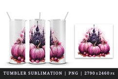 Watercolor Pink Halloween spooky castle haunted house leaves pumpkins 20 oz tumbler skinny mug wrap clipart t-shirt sublimation printable design