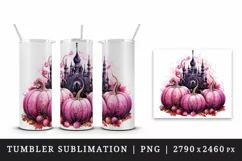 Watercolor Pink Halloween spooky castle haunted house leaves pumpkins 20 oz tumbler skinny mug wrap clipart t-shirt sublimation printable design