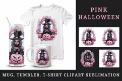Watercolor Pink Halloween witch girl woman pumpkin carving Jack-o-lantern 20 oz tumbler skinny mug wrap clipart t-shirt sublimation printable design