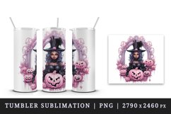 Watercolor Pink Halloween witch girl woman pumpkin carving Jack-o-lantern 20 oz tumbler skinny mug wrap clipart t-shirt sublimation printable design