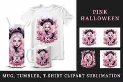 Watercolor Pink Halloween witch hat leaves pumpkin carving Jack-o-lantern 20 oz tumbler skinny mug wrap clipart t-shirt sublimation printable design