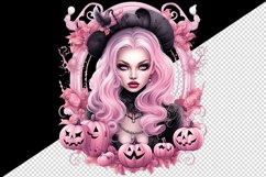 Watercolor Pink Halloween witch hat leaves pumpkin carving Jack-o-lantern 20 oz tumbler skinny mug wrap clipart t-shirt sublimation printable design