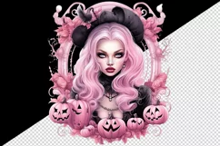 Watercolor Pink Halloween witch hat leaves pumpkin carving Jack-o-lantern 20 oz tumbler skinny mug wrap clipart t-shirt sublimation printable design