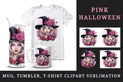 Watercolor Pink Halloween woman witch hat leaves flowers roses 20 oz tumbler skinny mug wrap clipart t-shirt sublimation printable design