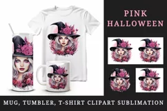 Watercolor Pink Halloween woman witch hat leaves flowers roses 20 oz tumbler skinny mug wrap clipart t-shirt sublimation printable design