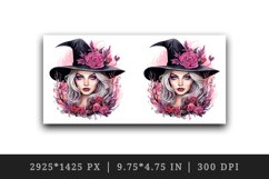 Watercolor Pink Halloween woman witch hat leaves flowers roses 20 oz tumbler skinny mug wrap clipart t-shirt sublimation printable design