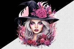 Watercolor Pink Halloween woman witch hat leaves flowers roses 20 oz tumbler skinny mug wrap clipart t-shirt sublimation printable design