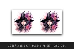 Watercolor Pink Halloween woman witch hat leaves flowers roses 20 oz tumbler skinny mug wrap clipart t-shirt sublimation printable design