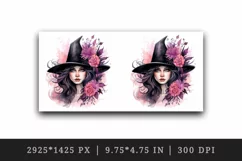 Watercolor Pink Halloween woman witch hat leaves flowers roses 20 oz tumbler skinny mug wrap clipart t-shirt sublimation printable design