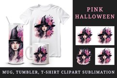 Watercolor Pink Halloween woman witch hat leaves flowers roses 20 oz tumbler skinny mug wrap clipart t-shirt sublimation printable design
