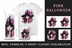 Watercolor Pink Halloween woman witch hat leaves flowers roses 20 oz tumbler skinny mug wrap clipart t-shirt sublimation printable design