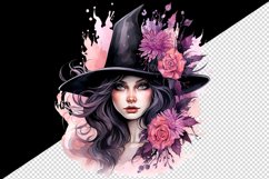 Watercolor Pink Halloween woman witch hat leaves flowers roses 20 oz tumbler skinny mug wrap clipart t-shirt sublimation printable design