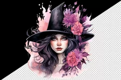 Watercolor Pink Halloween woman witch hat leaves flowers roses 20 oz tumbler skinny mug wrap clipart t-shirt sublimation printable design