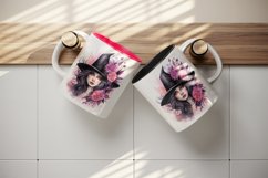 Watercolor Pink Halloween woman witch hat leaves flowers roses 20 oz tumbler skinny mug wrap clipart t-shirt sublimation printable design