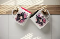 Watercolor Pink Halloween woman witch hat leaves flowers roses 20 oz tumbler skinny mug wrap clipart t-shirt sublimation printable design