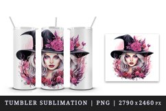 Watercolor Pink Halloween woman witch hat leaves flowers roses 20 oz tumbler skinny mug wrap clipart t-shirt sublimation printable design