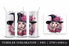 Watercolor Pink Halloween woman witch hat leaves flowers roses 20 oz tumbler skinny mug wrap clipart t-shirt sublimation printable design