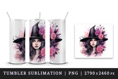 Watercolor Pink Halloween woman witch hat leaves flowers roses 20 oz tumbler skinny mug wrap clipart t-shirt sublimation printable design