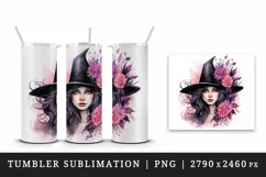 Watercolor Pink Halloween woman witch hat leaves flowers roses 20 oz tumbler skinny mug wrap clipart t-shirt sublimation printable design