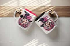 Watercolor Pink Halloween woman witch hat leaves flowers roses 20 oz tumbler skinny mug wrap clipart t-shirt sublimation printable design