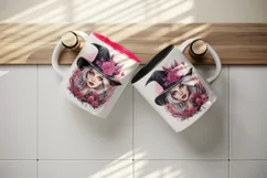 Watercolor Pink Halloween woman witch hat leaves flowers roses 20 oz tumbler skinny mug wrap clipart t-shirt sublimation printable design
