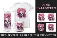 Watercolor Pink Halloween zombie woman horror ghost flowers roses skull 20 oz tumbler skinny mug wrap clipart t-shirt sublimation printable design