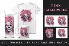 Watercolor Pink Halloween zombie woman horror ghost flowers roses skull 20 oz tumbler skinny mug wrap clipart t-shirt sublimation printable design