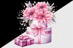 Watercolor pink happy birthday gift box floral holiday wedding flowers 20 oz tumbler skinny mug wrap clipart t-shirt sublimation printable design